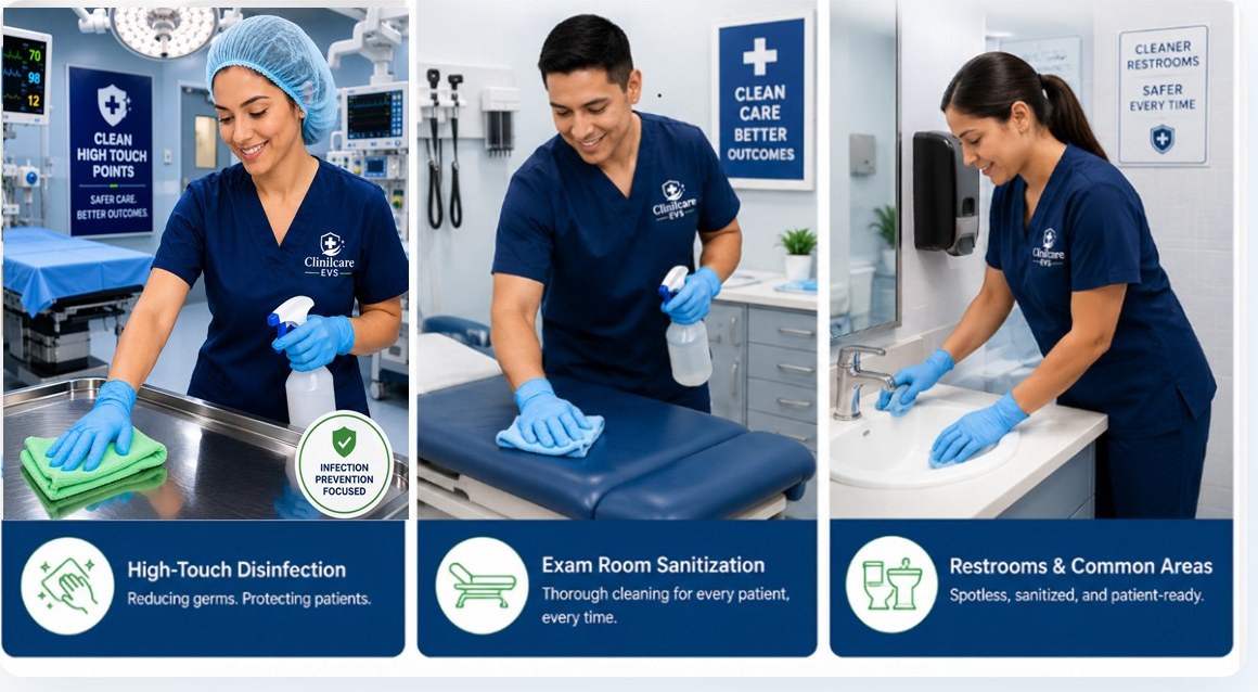 Illustrated overview of high-touch cleaning, exam-room sanitation, and restroom and common-area cleaning